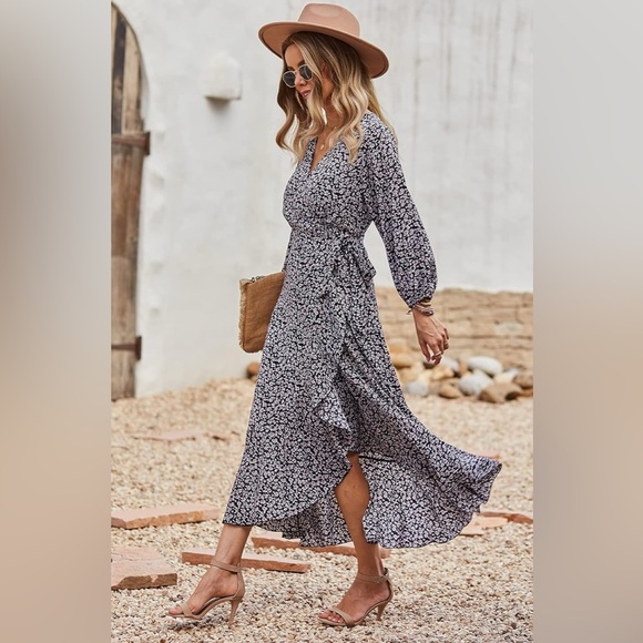 PrettyGarden Dresses & Skirts - Women’s V-Neck Floral Long Sleeve Long Maxi Wrap Dress